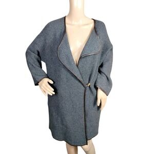 Ply Cashmere Cardigan Woman's Large Gray Brown Leather Lining Cabincore Cozycore
